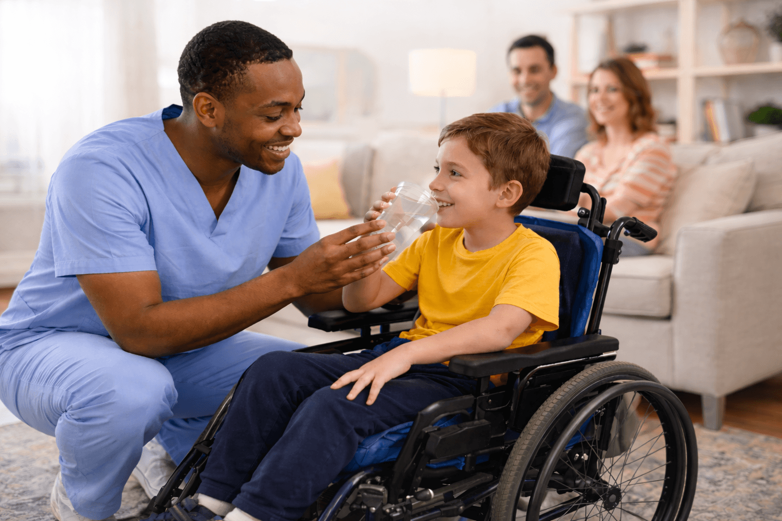 Family reviewing home care information together