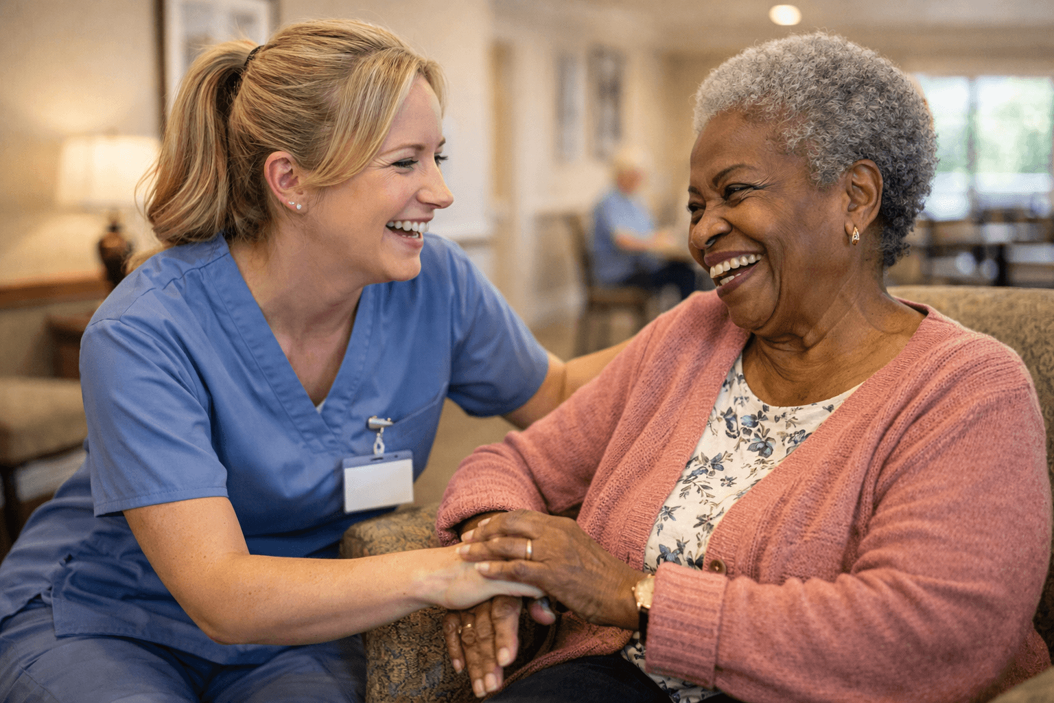 Professional caregiver supporting a client while a family caregiver rests